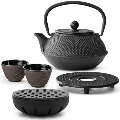 Bredemeijer Teeset 0,8 L Gusseisen schwarz 2 Becher lila Untersetzer Teewärmer