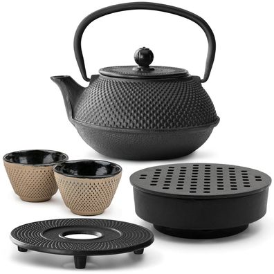 Bredemeijer Gusseisen Teeset 0,8 L schwarz Teewärmer Untersetzer 2 Becher sand