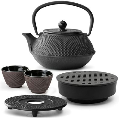 Bredemeijer Gusseisen Teeset 0,8 L schwarz Teewärmer Untersetzer 2 Becher lila