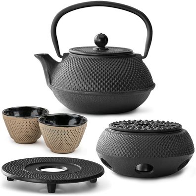 Bredemeijer Teeset 0,8 L Gusseisen schwarz 2 Teebecher sand Untersetzer Stövchen