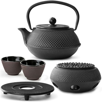 Bredemeijer Teeset 0,8 L Gusseisen schwarz 2 Teebecher lila Untersetzer Stövchen