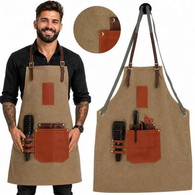 Friseurschürze Barberschürze mit Ledertaschen Haarschneideumhang Barber