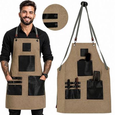 Friseurschürze Barberschürze mit Ledertaschen Haarschneideumhang Barber