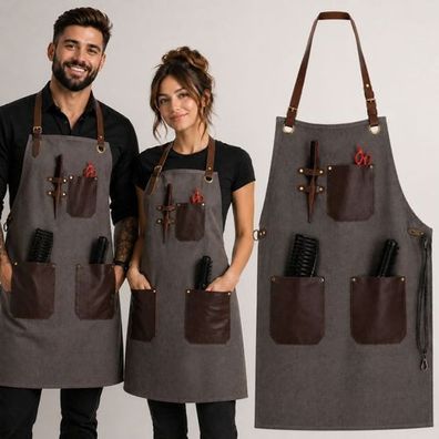 Friseurschürze Barberschürze mit Ledertaschen Haarschneideumhang Barber