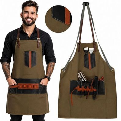 Friseurschürze Barberschürze mit Ledertaschen Haarschneideumhang Barber