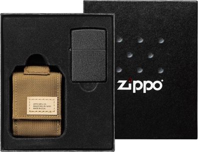 ZIPPO Benzinfeuerzeug "Black Crackle" in schwarz mit Nylon Pouch tan