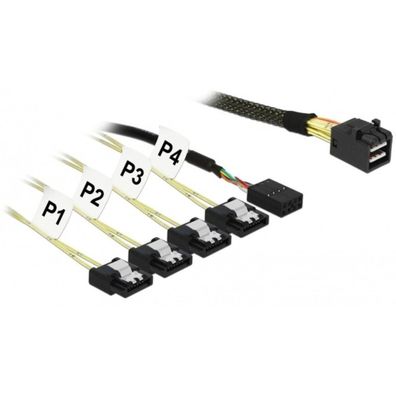 Adapterkabel Mini SAS HD SFF-8643 > 4x SATA 7Pin (schwarz, 1 Meter, mit Sideband)