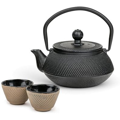 Bredemeijer Asia Teekannen Set 0,5 Liter Gusseisen schwarz mit 2 Teebechern sand