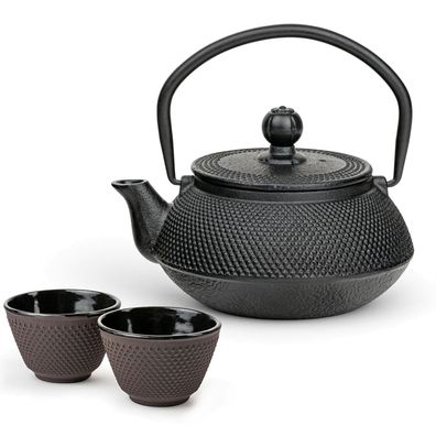 Bredemeijer Asia Teekannen Set 0,5 Liter Gusseisen schwarz mit 2 Teebechern lila