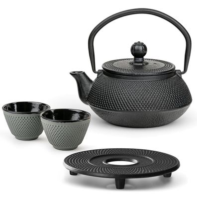 Bredemeijer Teekannen Set 0,5 L Gusseisen schwarz 2 Teebecher grün & Untersetzer
