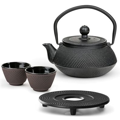 Bredemeijer Teekannen Set 0,5 L Gusseisen schwarz 2 Teebecher lila & Untersetzer