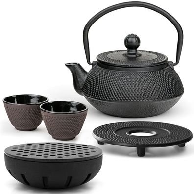 Bredemeijer Teeset 0,5 L Gusseisen schwarz 2 Becher lila Untersetzer Teewärmer