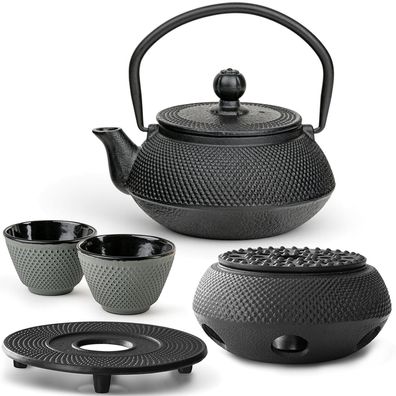 Bredemeijer Teeset 0,5 L Gusseisen schwarz 2 Becher grün Untersetzer & Stövchen