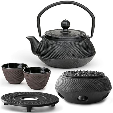 Bredemeijer Teeset 0,5 L Gusseisen schwarz 2 Becher lila Untersetzer & Stövchen