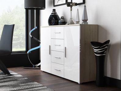 Kommode Soho S-8 modernes Wohnzimmer Sonoma Eiche / Weiß Hochglanz