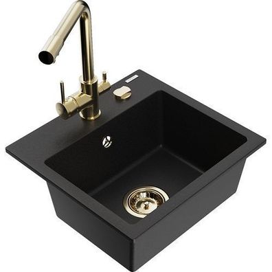 Mexen Milo Granitspüle mit goldener Armatur, Schwarz