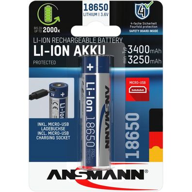 Li-Ion Akku 18650 3400 mAh mit Micro-USB Ladebuchse (18650, 1 Stück)