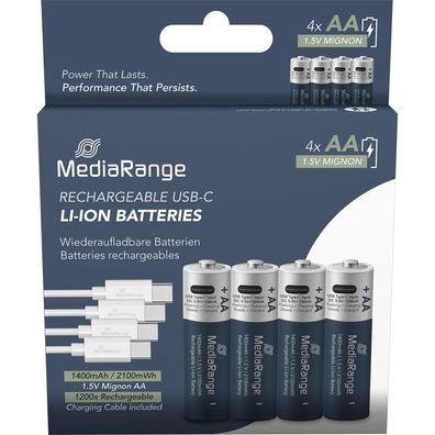 4 MediaRange USB-Akkus mit Ladekabel Mignon AA 1400 mAh
