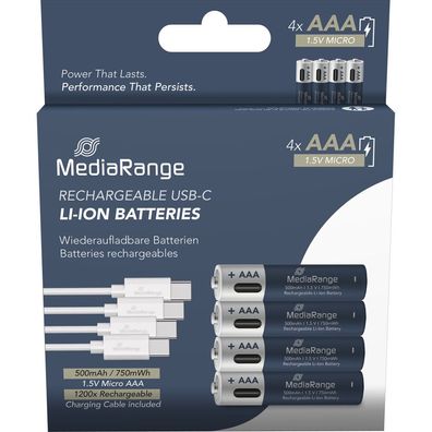 4 MediaRange USB-Akkus mit Ladekabel Mignon AAA 500 mAh