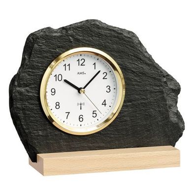 AMS F5115 Funk-Tischuhr mit Holzgehäuse, Schiefer und Gold-Frontring