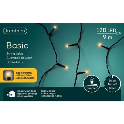 Lumineo LED Lichterkette Basic schwarz 9 Meter 120 Lichter - klassisch warm