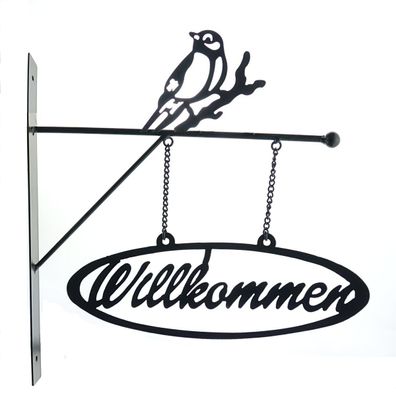 Esschert Design Wandschild Willkommen mit Meise schwarz matt - Metall
