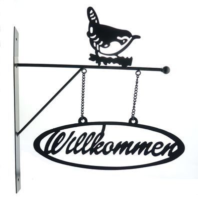 Esschert Design Wandschild Willkommen mit Zaunkönig schwarz matt - Metall
