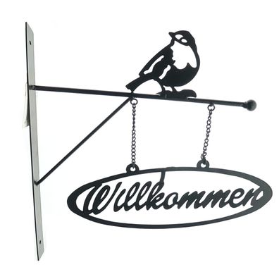 Esschert Design Wandschild Willkommen mit Spatz schwarz matt - Metall