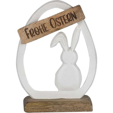 GASPER Aluminium Hase im Ei "Frohe Ostern", auf Holzfuß weiß, klein