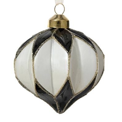 Weihnachtskugel Facetten Zwiebelform Schwarz & Weiß goldfarbener Glitter Ø 8 cm - Gla