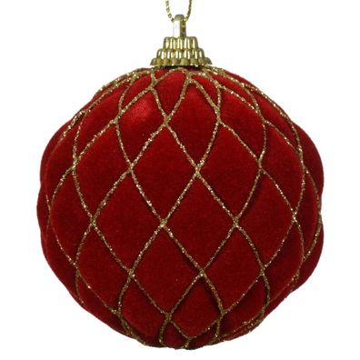 Weihnachtskugel Weihnachtsrot mit goldfarbenen Glitter bruchfest Ø 8 cm aus Kunststo