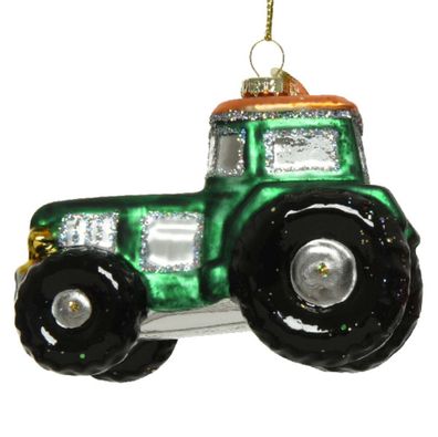 Nostalgie Weihnachtsanhänger Trecker Grün mit silberfarbenen Glitter 7 cm - Glas