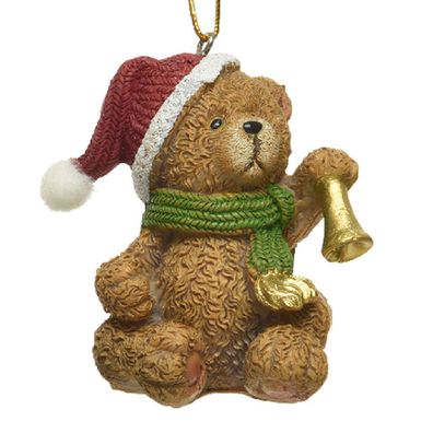 Weihnachtsanhänger Teddybär Braun mit goldfarbener Glocke 4,4 cm - Polyresin