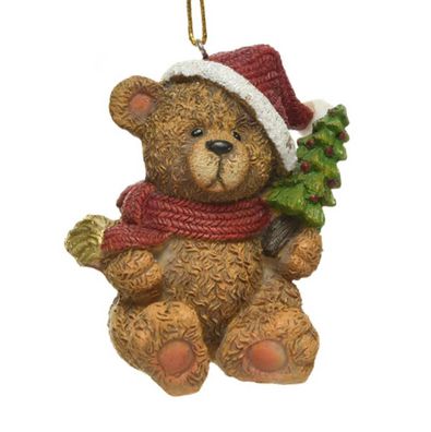 Weihnachtsanhänger Teddybär Braun mit grünem Tannenbaum 4,4 cm - Polyresin