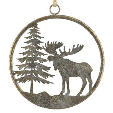 Weihnachts-Fensteranhänger Tanne & Elch Altgold- und Goldfarben klein Ø 20 cm - Metal