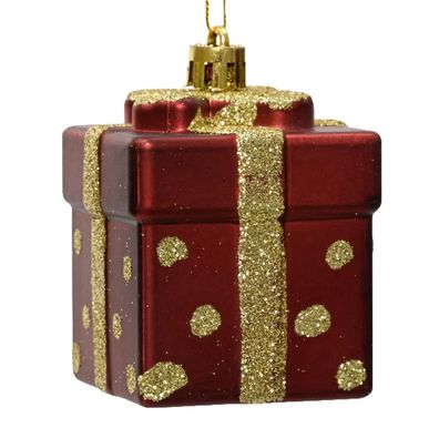 Weihnachtskugel "Geschenk" Rot matt mit goldfarbenen Glitter Höhe 6,8 cm Breite 5 cm