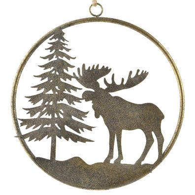 Weihnachts-Fensteranhänger Tanne & Elch Altgold- und Goldfarben groß Ø 28 cm - Metall