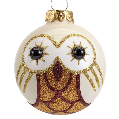 Weihnachtskugel Eule Wollweiß glänzend & Goldfarben mit Glitter Ø 6 cm - Glas