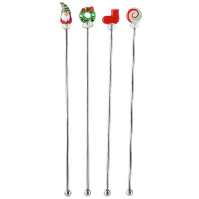 Weihnachtsrührstäbe 3D Scheibe Wichtel Kranz Strumpf 4 Stück - Edelstahl & Glas