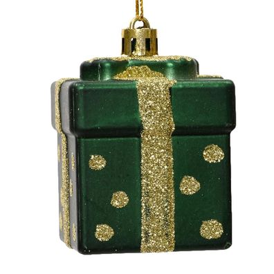 Weihnachtskugel "Geschenk" Grün matt mit goldfarbenen Glitter Höhe 6,8 cm Breite 5 cm