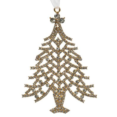 Weihnachtsanhänger Tanne Goldfarben mit Glittersteinen 10 cm - Metall