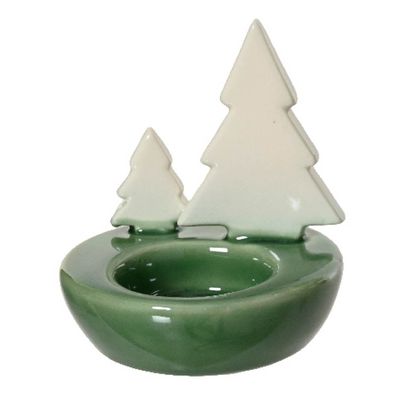 Weihnachtsteelichthalter Tannenbäume Grün/Weiß Ø 8,5 x 9 cm - Porzellan