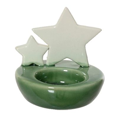 Weihnachtsteelichthalter Sterne Grün/Weiß Ø 8,5 x 9 cm - Porzellan