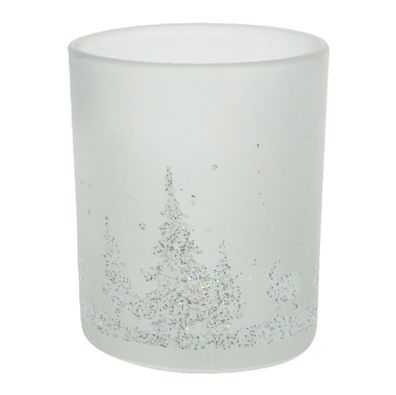 Weihnachts-Teelichtglas Transparent satiniert mit silberfarbenem Glitter Ø 7 cm - Gl