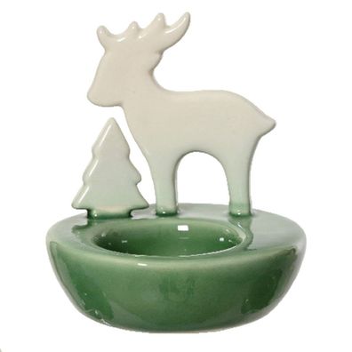 Weihnachtsteelichthalter Hirsch & Tanne Grün/Weiß Ø 8,5 x 9 cm - Porzellan