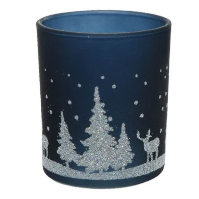 Weihnachts-Teelichtglas Night Blue dunkelblau mit silberfarbenem Glitter Ø 7 cm - Gla