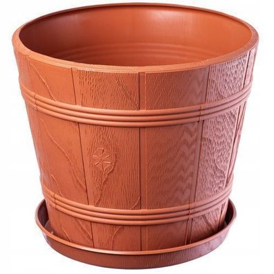 KADAX Blumentopf mit Untersetzer, Holzoptik, aus Kunststoff, 34 cm, Terrakotta