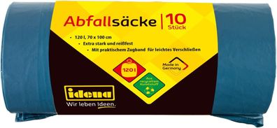 Idena Abfallsäcke mit Zugband extra stark reißfest 40µ 120l blau 70x100cm 10 Stück