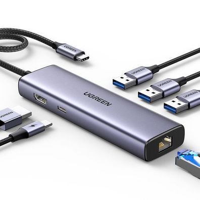6-in-1-Hub-Adapter USB-C - 3x USB-A 3.0 / HDMI / RJ45 / USB-C PD - Grau