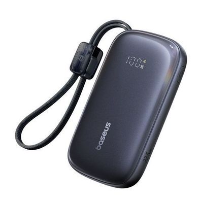 Powerbank 10000mAh 22,5W mit Display und abnehmbarem Kabel - Schwarz
